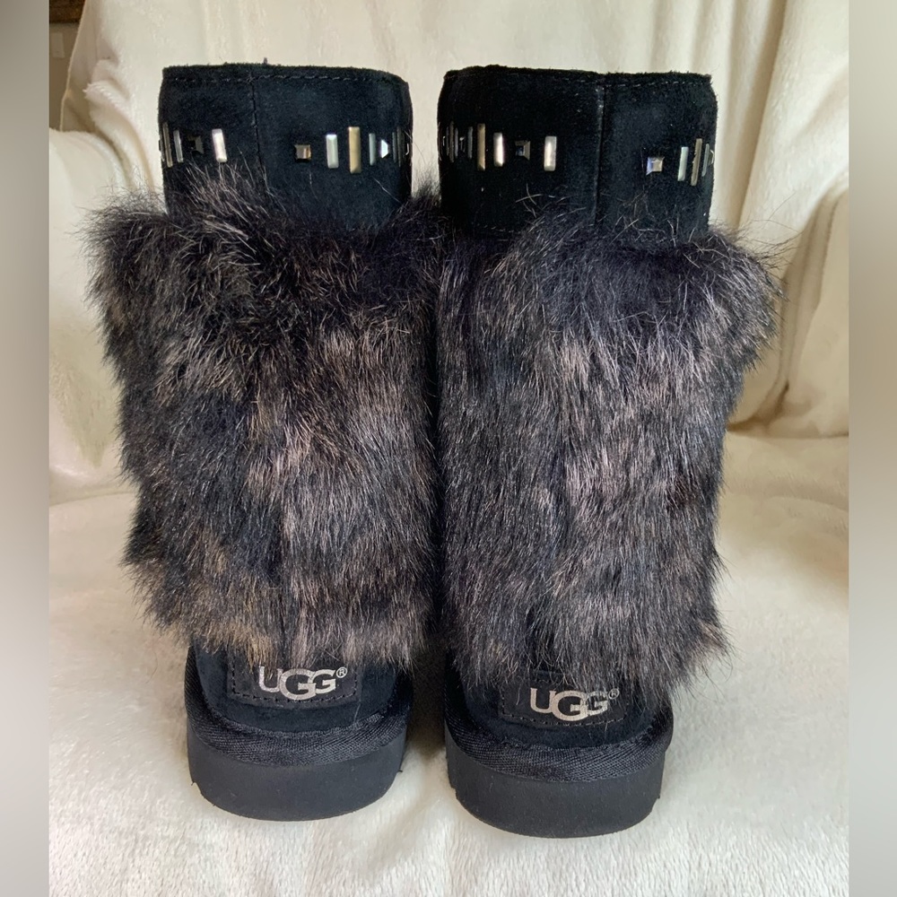 NEW UGG black suede boots with real lamb fur and rhinestones NWOT Women size 6 - Picture 6 of 10